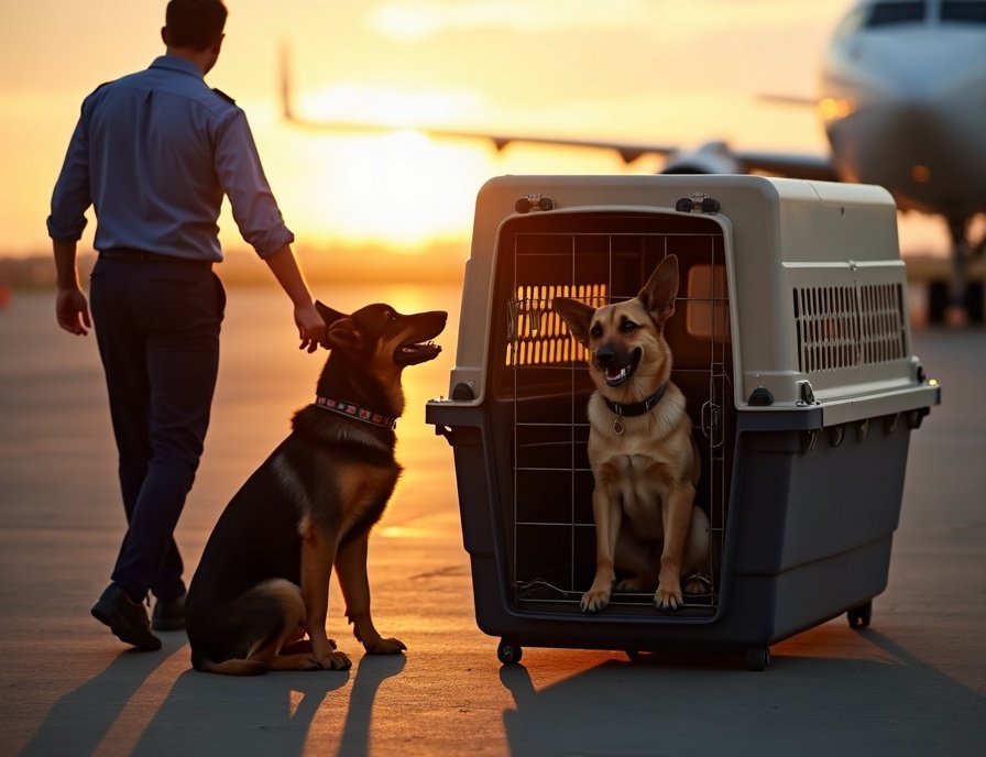 Pet handler preparing dog for international flight — international pet shipping by Royal Pet Shipping